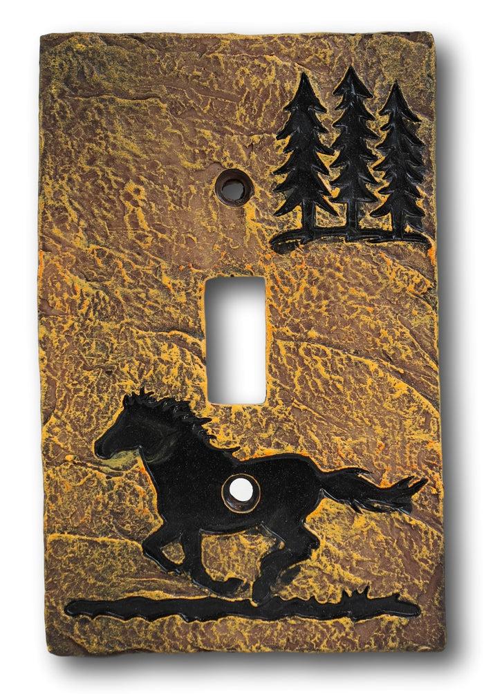 Set Of 2 Western Horse And Pine Trees Silhouette Wall Single Toggle Switch Plate