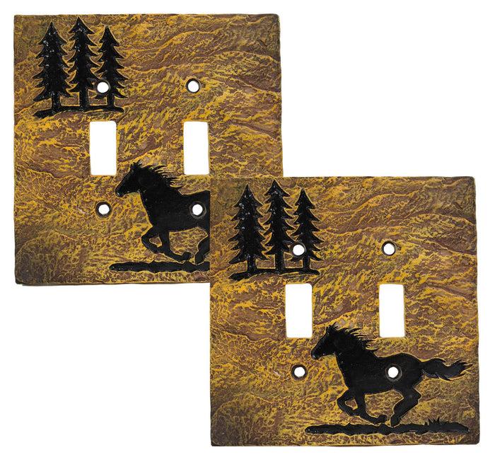 Set of 2 Western Horse And Pine Trees Silhouette Wall Double Toggle Switch Plate