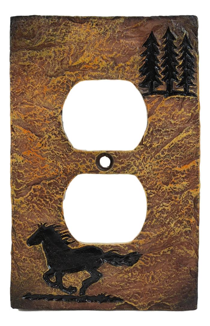 Set Of 2 Western Horse Pine Trees Silhouette Wall Double Receptacle Outlet Plate