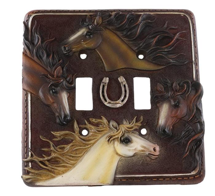 Set Of 2 Western Horseshoe And Colorful Horses Wall Double Toggle Switch Plates