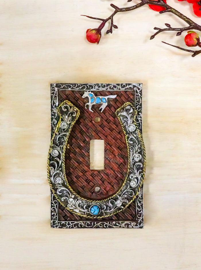 Set Of 2 Western Horseshoe Turquoise Mustang Wall Single Toggle Switch Plate