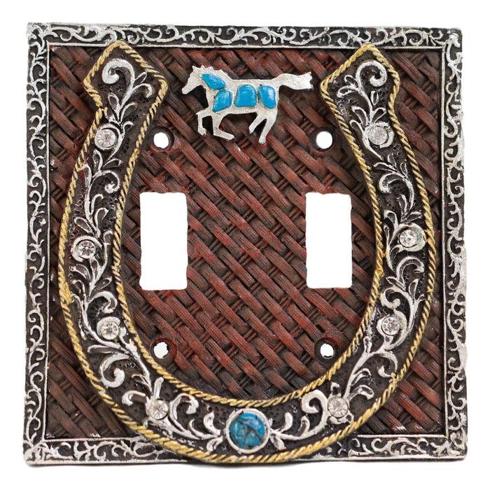 Set Of 2 Western Horseshoe Turquoise Mustang Wall Double Toggle Switch Plates