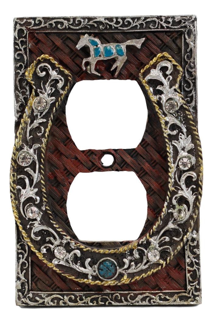 Set Of 2 Western Horseshoe Turquoise Mustang Wall Double Receptacle Outlet Plate