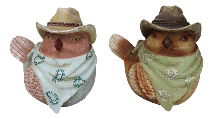 Set Of 2 Western Howdy Cowboy And Cowgirl Birds With Hat And Scarf Piggy Bank