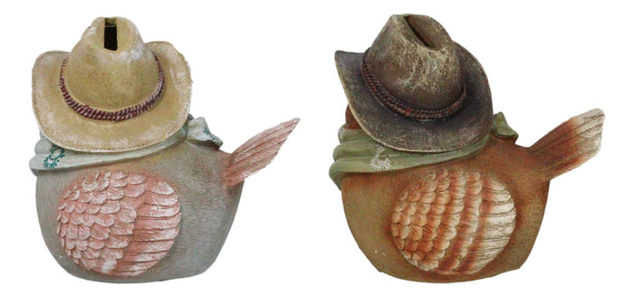Set Of 2 Western Howdy Cowboy And Cowgirl Birds With Hat And Scarf Piggy Bank
