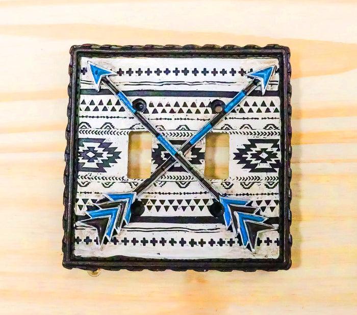 Set Of 2 Western Navajo Crossed Turquoise Arrows Wall Double Toggle Switch Plate