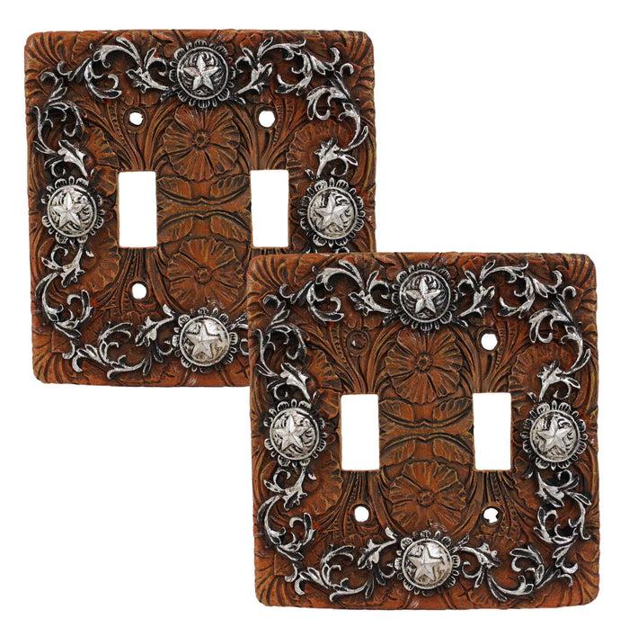Set Of 2 Western Stars And Tooled Lace Scroll Wall Double Toggle Switch Plates