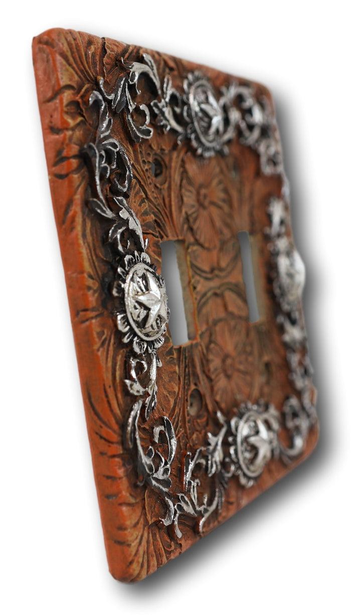 Set Of 2 Western Stars And Tooled Lace Scroll Wall Double Toggle Switch Plates