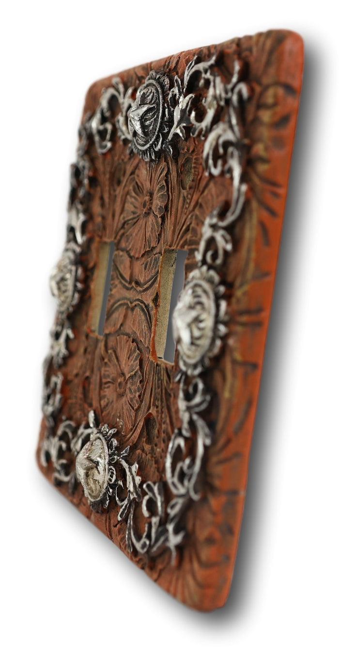Set Of 2 Western Stars And Tooled Lace Scroll Wall Double Toggle Switch Plates