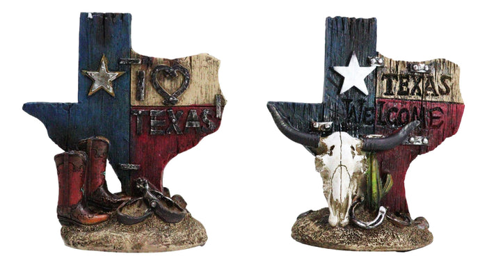 Set Of 2 Western Texas Map Cowboy Boots Cow Skull Horseshoe Cactus Figurines Set Of 2 Western Texas Map Cowboy Boots Cow Skull Horseshoe Cactus Figurines