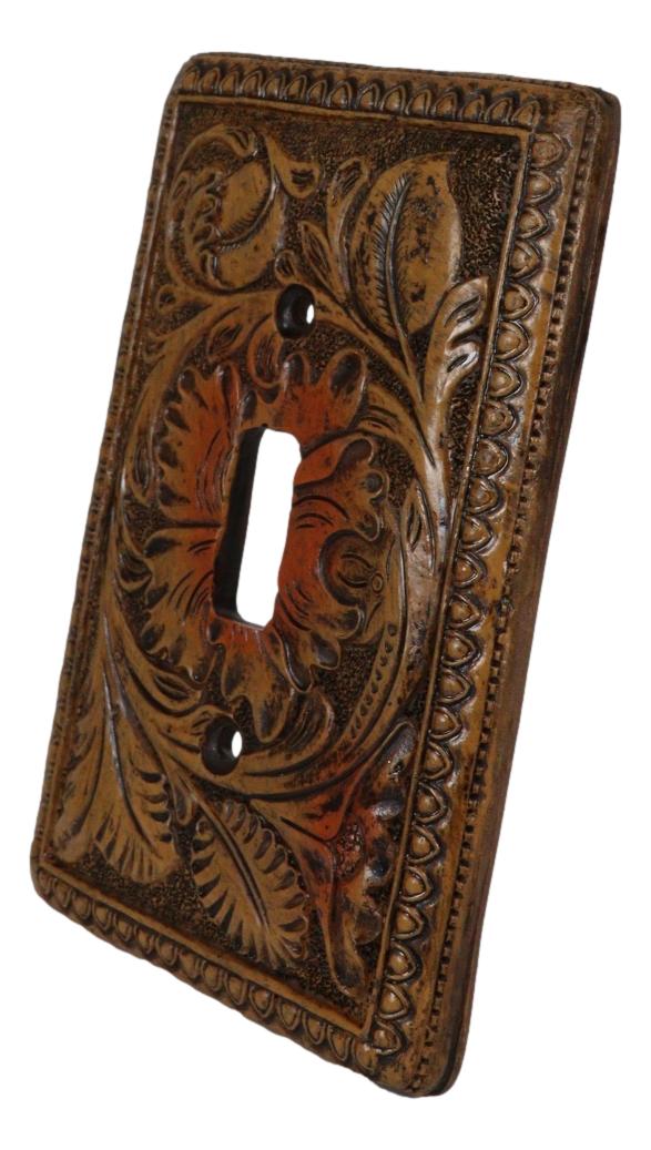 Set Of 2 Western Tooled Floral Lace Faux Wood Wall Single Toggle Switch Plates