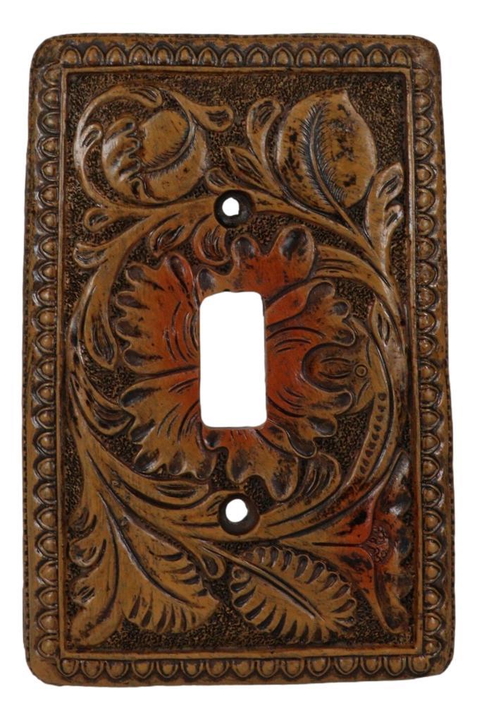 Set Of 2 Western Tooled Floral Lace Faux Wood Wall Single Toggle Switch Plates