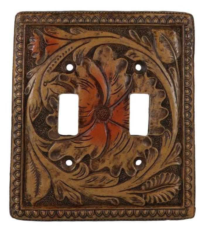 Set Of 2 Western Tooled Floral Lace Faux Wood Wall Double Toggle Switch Plates