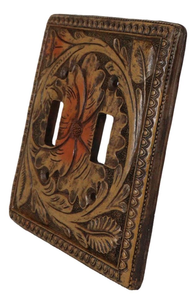 Set Of 2 Western Tooled Floral Lace Faux Wood Wall Double Toggle Switch Plates
