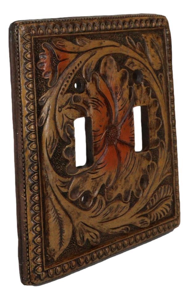Set Of 2 Western Tooled Floral Lace Faux Wood Wall Double Toggle Switch Plates