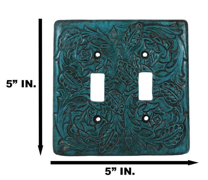 Set Of 2 Western Tooled Floral Lace Turquoise Wall Double Toggle Switch Plates