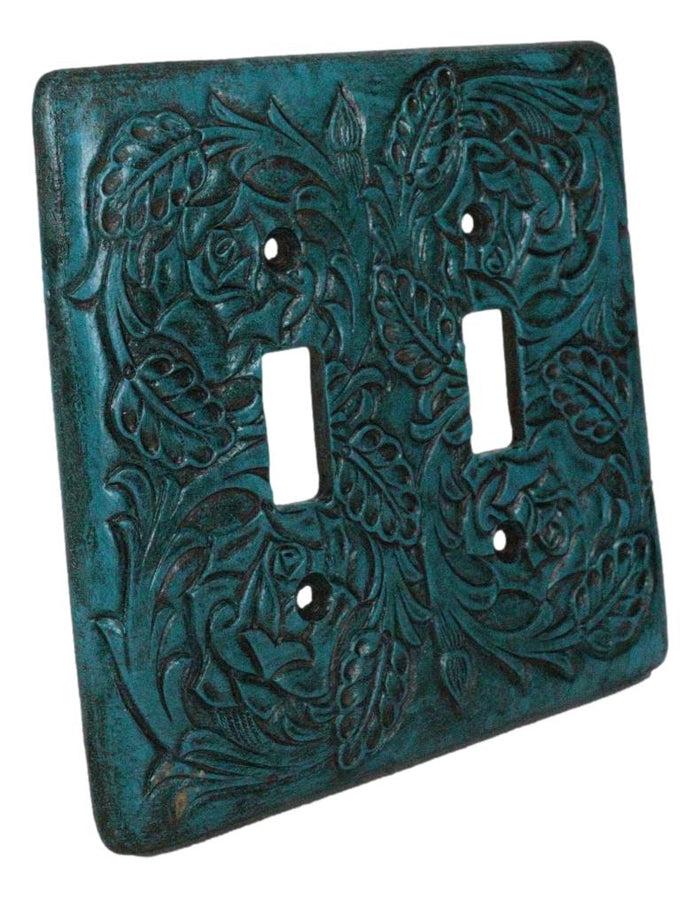 Set Of 2 Western Tooled Floral Lace Turquoise Wall Double Toggle Switch Plates