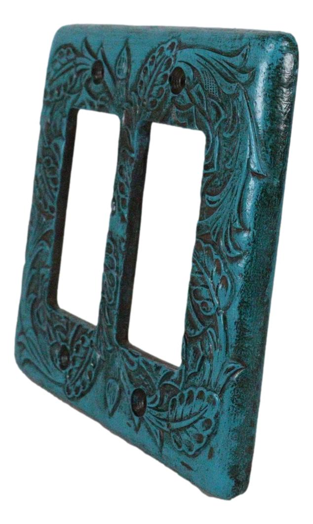 Set Of 2 Western Tooled Floral Turquoise Wall Double Gang Rocker Switch Plates