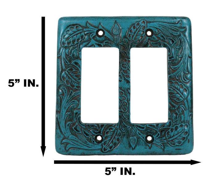 Set Of 2 Western Tooled Floral Turquoise Wall Double Gang Rocker Switch Plates