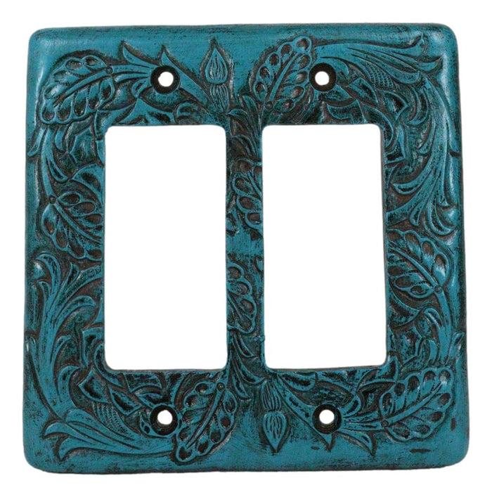 Set Of 2 Western Tooled Floral Turquoise Wall Double Gang Rocker Switch Plates