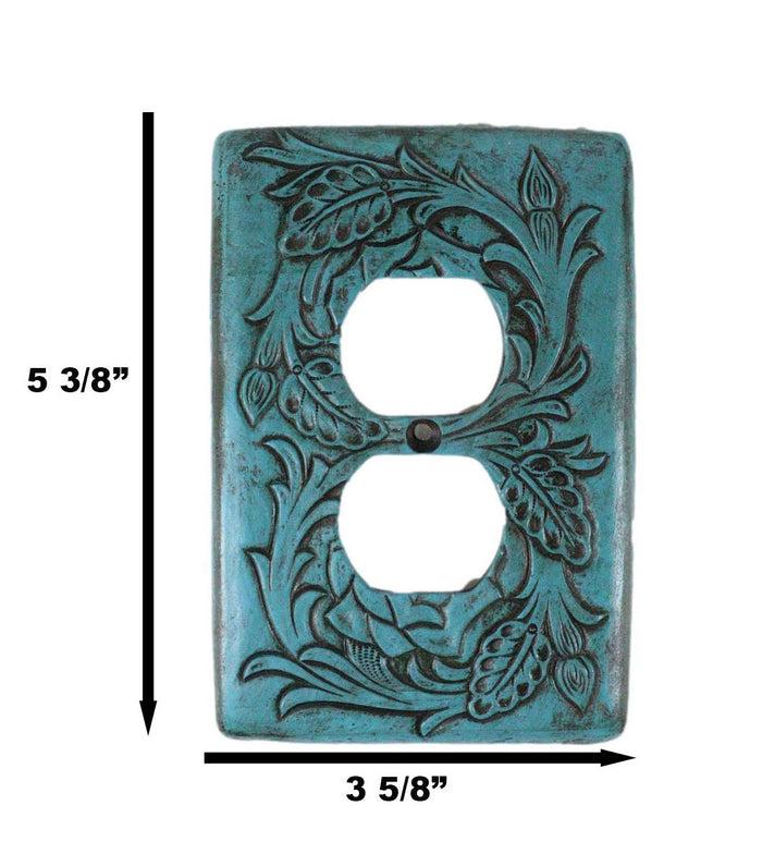 Set Of 2 Western Tooled Floral Turquoise Wall Double Receptacle Outlet Plates