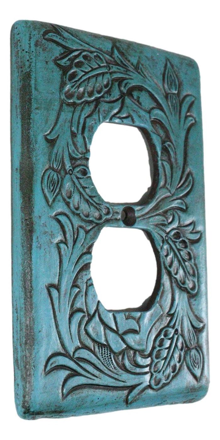 Set Of 2 Western Tooled Floral Turquoise Wall Double Receptacle Outlet Plates