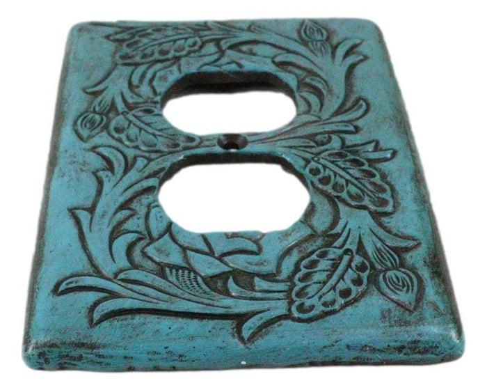 Set Of 2 Western Tooled Floral Turquoise Wall Double Receptacle Outlet Plates