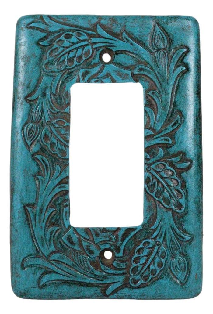 Set Of 2 Western Tooled Floral Turquoise Wall Single Gang Rocker Switch Plates