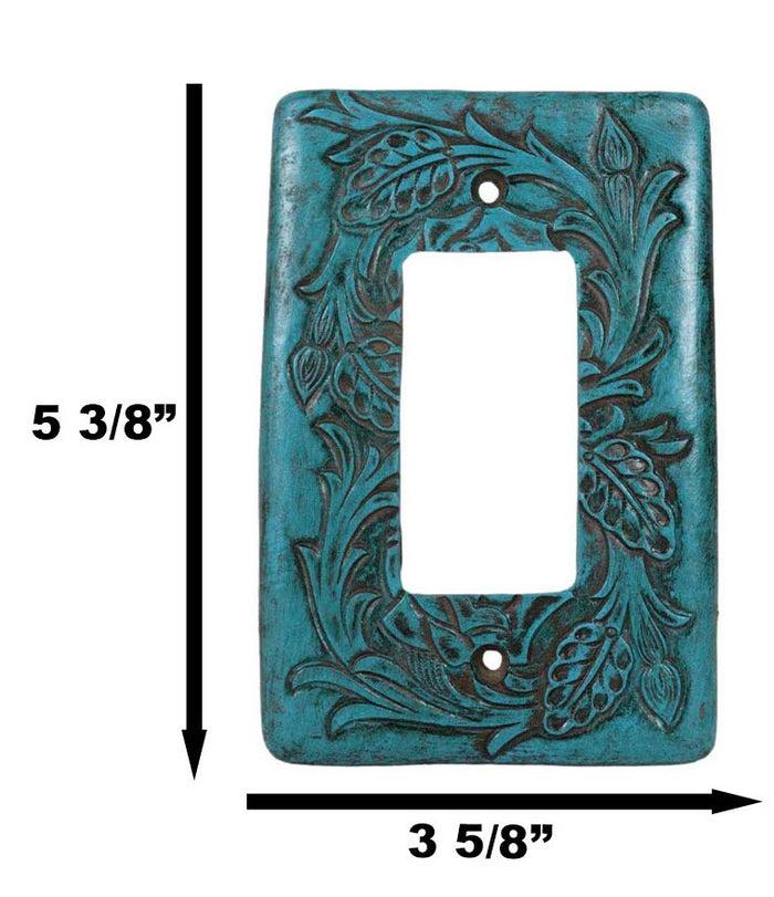 Set Of 2 Western Tooled Floral Turquoise Wall Single Gang Rocker Switch Plates