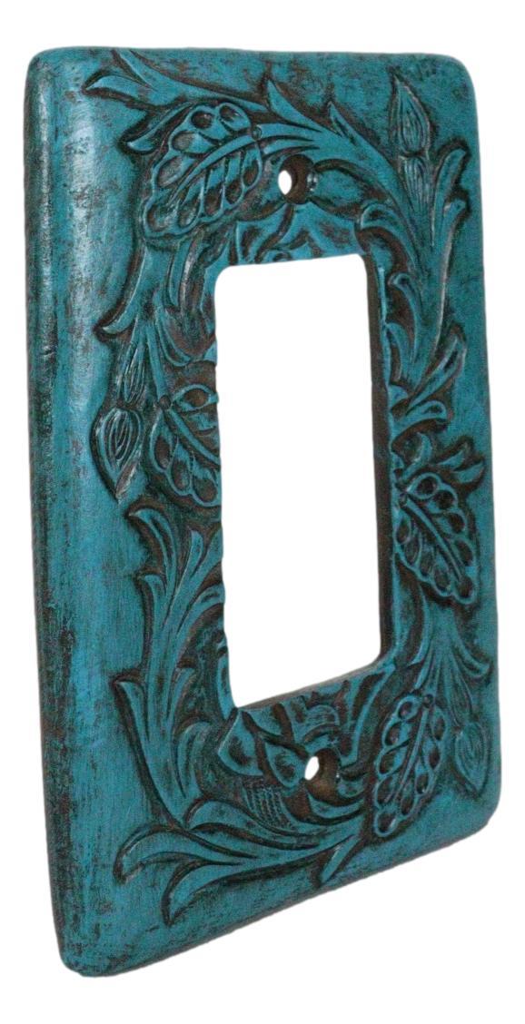 Set Of 2 Western Tooled Floral Turquoise Wall Single Gang Rocker Switch Plates