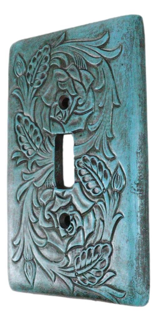 Set Of 2 Western Tooled Floral Turquoise Wall Single Toggle Switch Plates