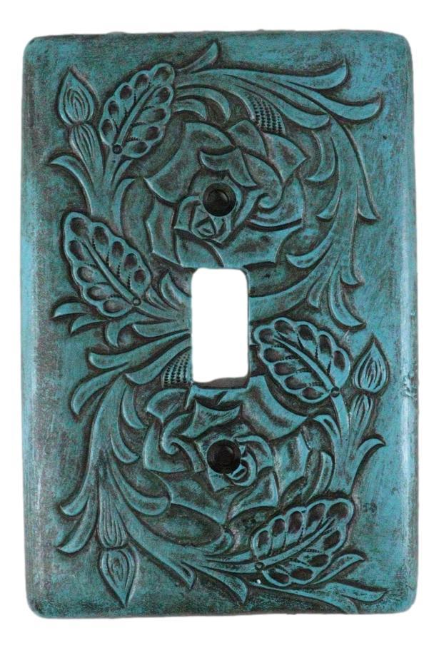 Set Of 2 Western Tooled Floral Turquoise Wall Single Toggle Switch Plates