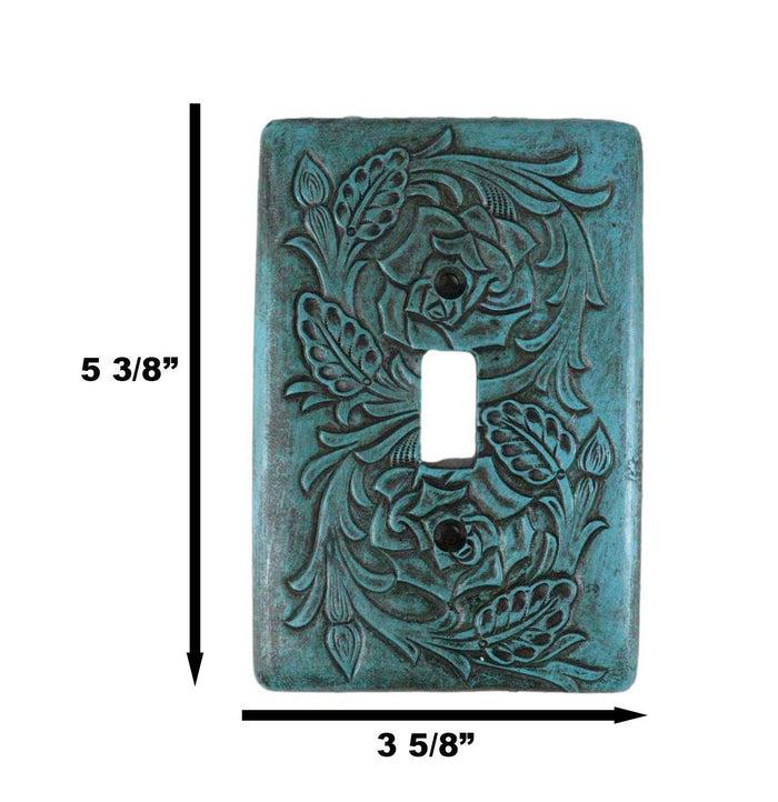 Set Of 2 Western Tooled Floral Turquoise Wall Single Toggle Switch Plates