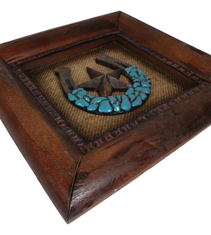 Set Of 2 Western Turquoise Gems Cowboy Boot Horseshoe Wooden Wall Picture Frames
