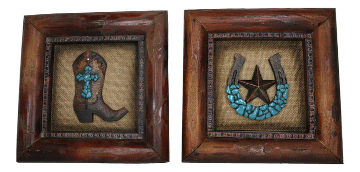 Set Of 2 Western Turquoise Gems Cowboy Boot Horseshoe Wooden Wall Picture Frames