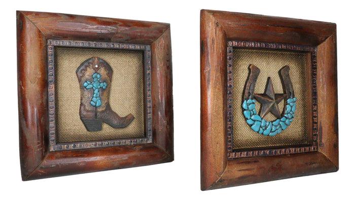 Set Of 2 Western Turquoise Gems Cowboy Boot Horseshoe Wooden Wall Picture Frames