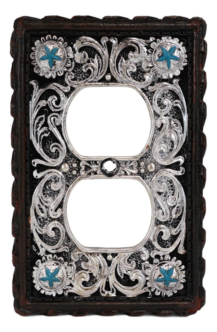 Set Of 2 Western Turquoise Stars Lace Scroll Wall Double Receptacle Outlet Plate