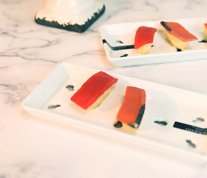 Set Of 2 White Japanese Neta Zara Ceramic Sushi Case Chef Drip Plate 8.75"X4.75"