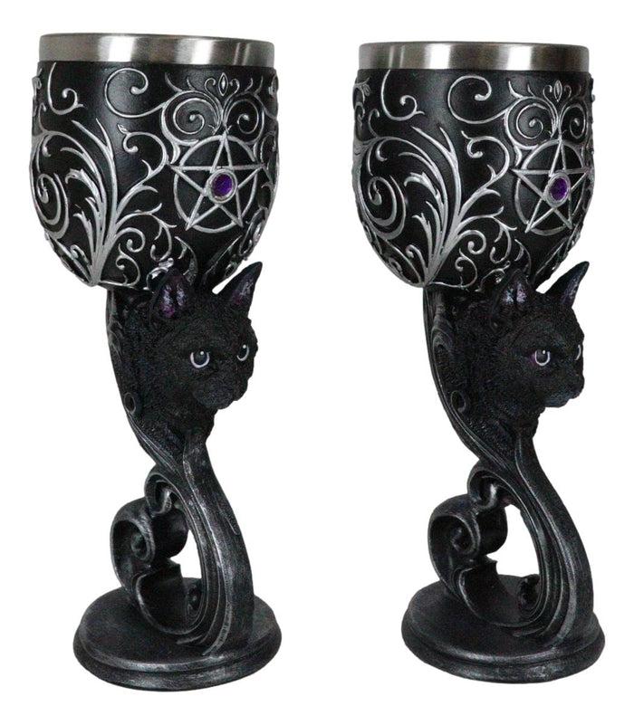 Set Of 2 Wicca Black Cats Familiars Love Hex Of The Heart Pentagram Wine Goblets