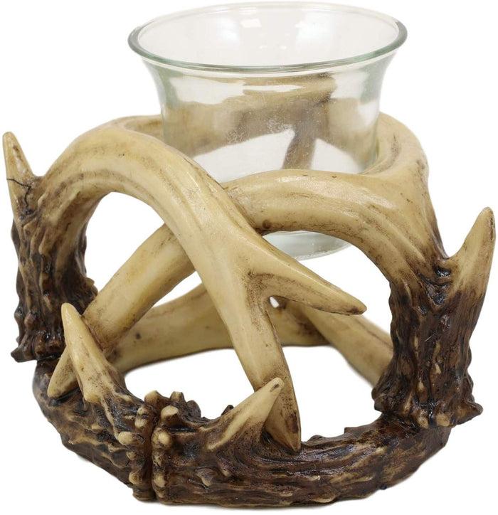 Set Of 2 Wildlife Rustic Buck Deer Stag Entwined Antlers Votive Candle Holders