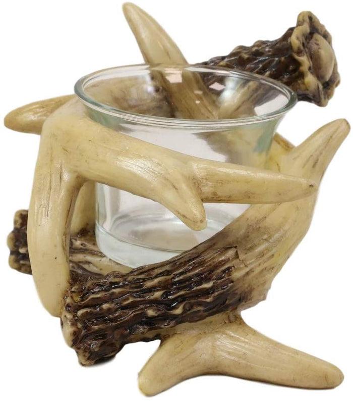 Set Of 2 Wildlife Rustic Buck Deer Stag Entwined Antlers Votive Candle Holders