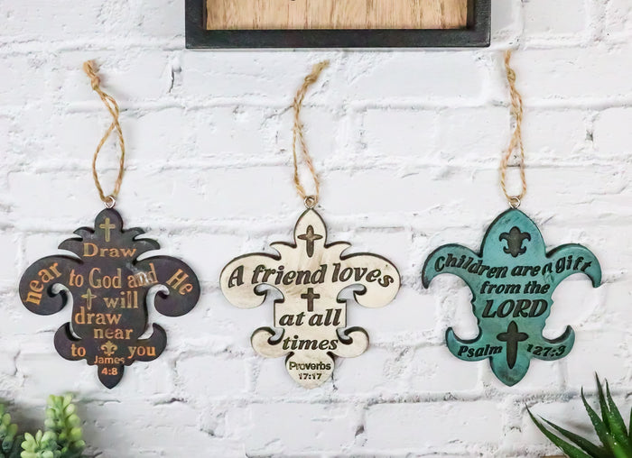 Set Of 3 Bible Scriptures James Proverbs Psalm Fleur De Lis Cutout Ornaments