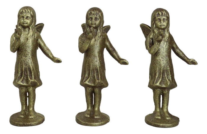 Set Of 3 Cast Iron Rustic Enchanted Fantasy Girl Fairy Pixie With Bird Figurines