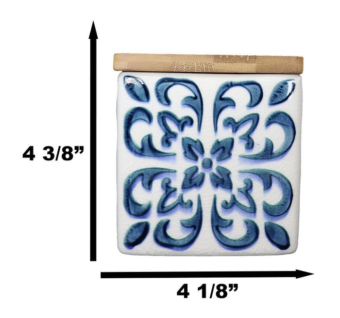 Set Of 3 Ceramic Blue And White Tuscany Tiles Canister Storage Jars Bamboo Lid