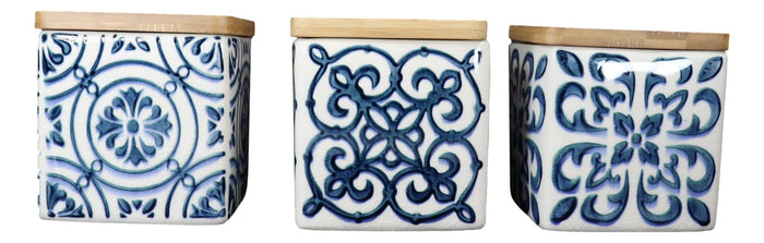 Set Of 3 Ceramic Blue And White Tuscany Tiles Canister Storage Jars Bamboo Lid