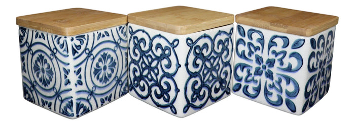 Set Of 3 Ceramic Blue And White Tuscany Tiles Canister Storage Jars Bamboo Lid