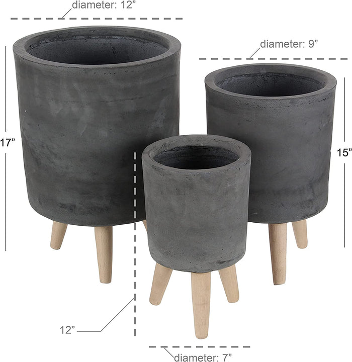 Set Of 3 Contemporary Grey Fiber Clay Cylindrical Planter Pots With Wooden Feet