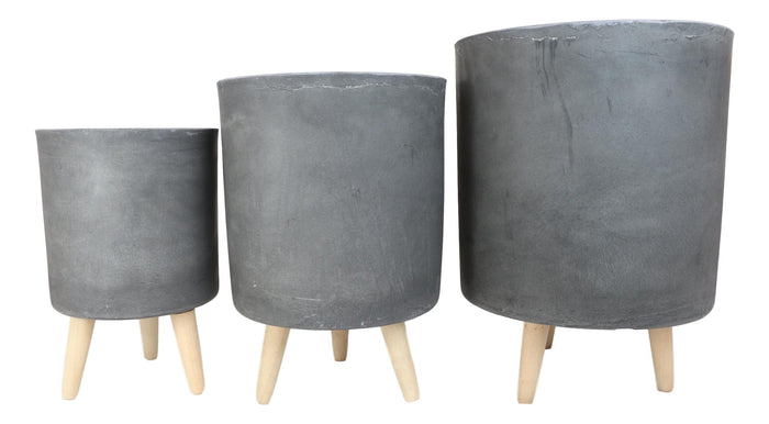 Set Of 3 Contemporary Grey Fiber Clay Cylindrical Planter Pots With Wooden Feet