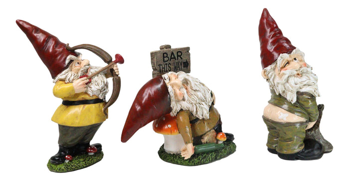 Set Of 3 Forest Mischief Bad Naughty Gnomes Drunk Peeing And Pranking Figurines