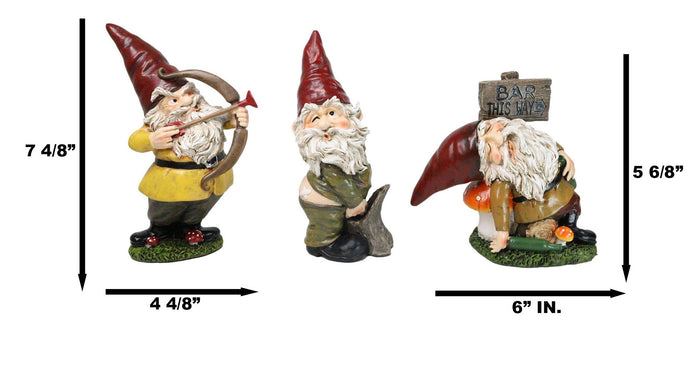 Set Of 3 Forest Mischief Bad Naughty Gnomes Drunk Peeing And Pranking Figurines